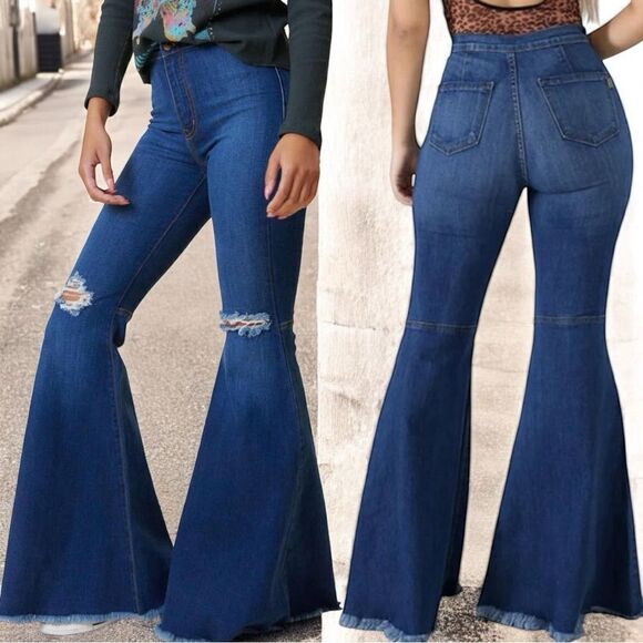 Homefolk Boutique Denim - Mid Wash Distressed Knee Flare Jeans | High Rise Stretch | Raw Hem | NWT